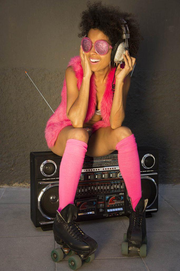 70s roller skating girl listening to music.