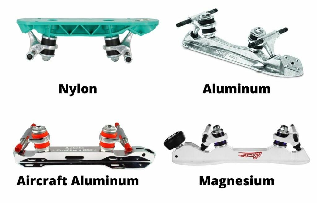 The most common roller skate materials include nylon, aluminum, aircraft aluminum and magnesium