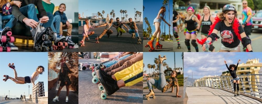 People having fun quad roller skating