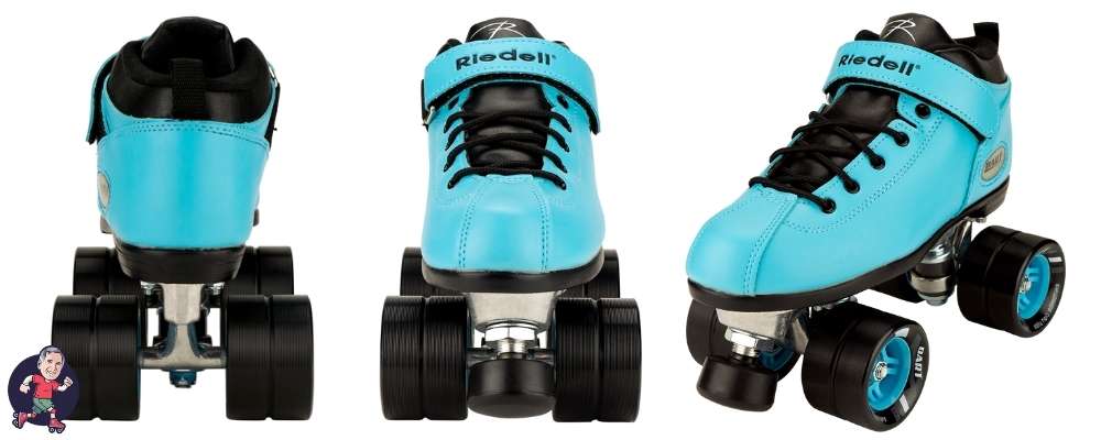 Riedell Dart Speed Skates - Aqua Front, Back and Profile Views